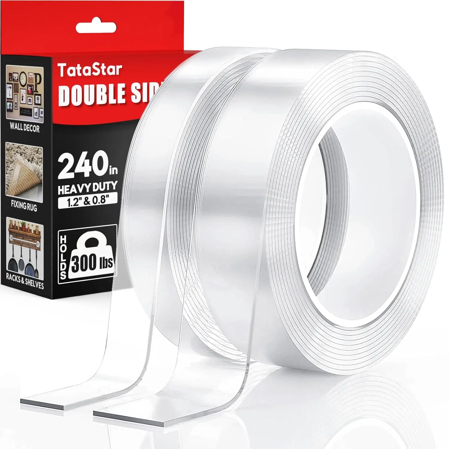 

Rolls Double Sided Tape Heavy Duty - 240' x 1.2' & 0.8' - Removable Nano Tape for Poster Carpet Picture Hanging Strip Rug Wa