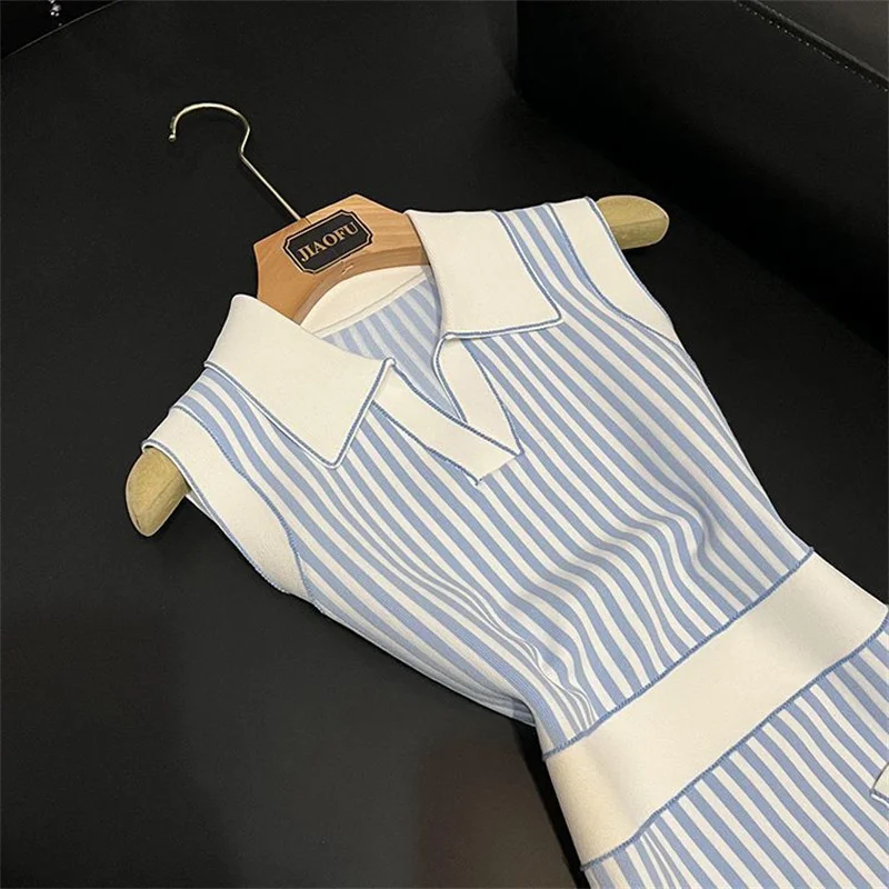 Elegant Women Turn Down Collar Elatic Waist Bodycon Sundress Fashion Stripes Long Vestidos 038A Summer Patchwork Tank Knit Dress