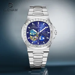 GLENAW Brand Men Watches Waterproof Luminous Automatic Mechanical Watch Double-second Travel Time Rotating Earth Starry Sky Dial