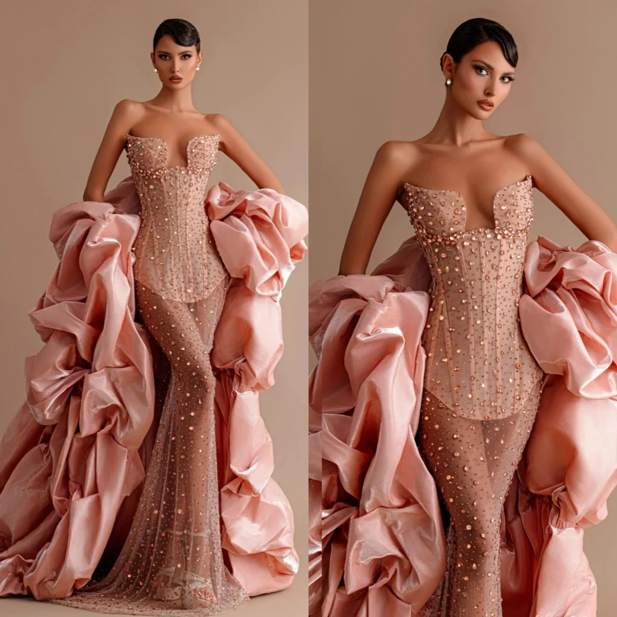 

Sexy Crystal Strapless Evening Dresses Customized Fashion Sleeveless See Through Prom Dress with Ruffle Wrap Party Gown