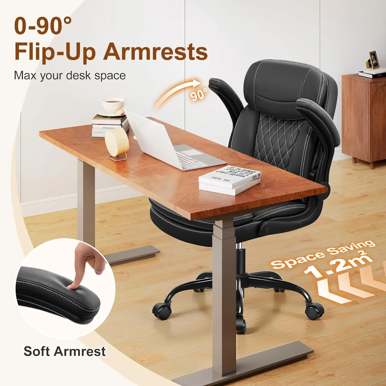 Ergonomic Office Chair with Double-Layer Cushion, Flip-Up Armrests, and Neckrest for Small Spaces, Black view 6