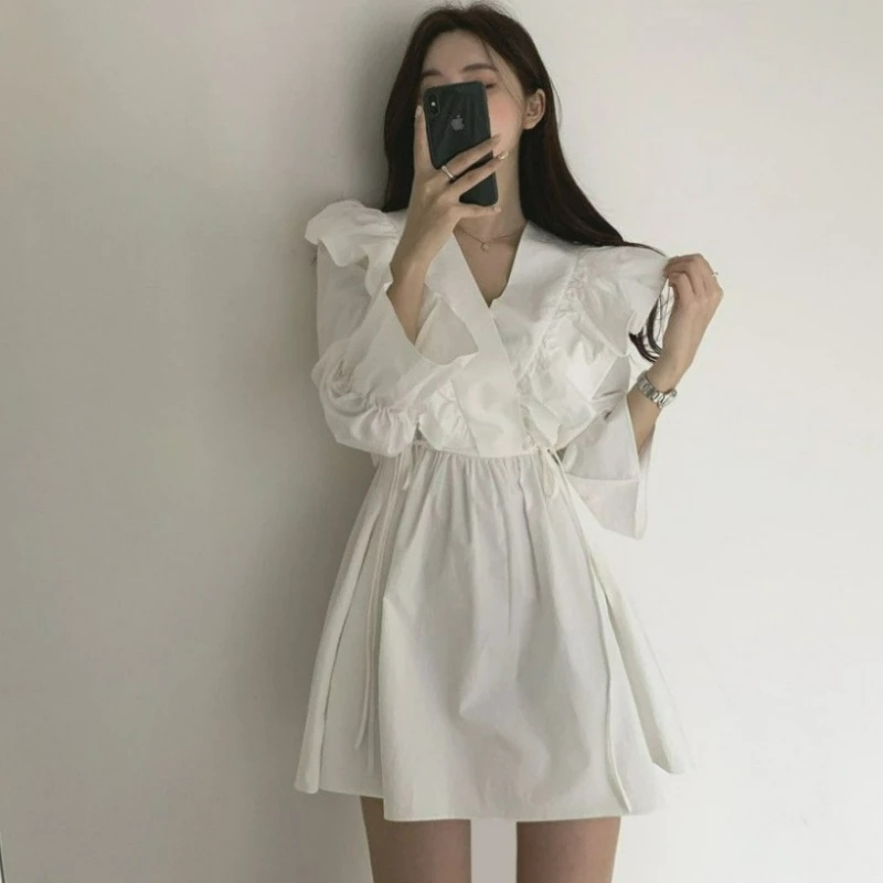 

European and American Light Blue Lapel Metal Buckle Zipper Bubble Sleeve Lace Edge Drawstring Waist Short Dress Fresh Women