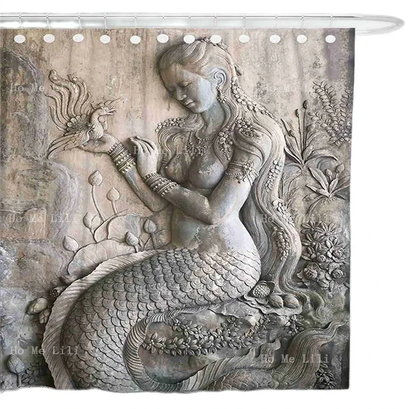 Mermaid Woman Stucco Decorative Bathroom African American Shower Curtain With Snap Classy Black Art Hooks Included