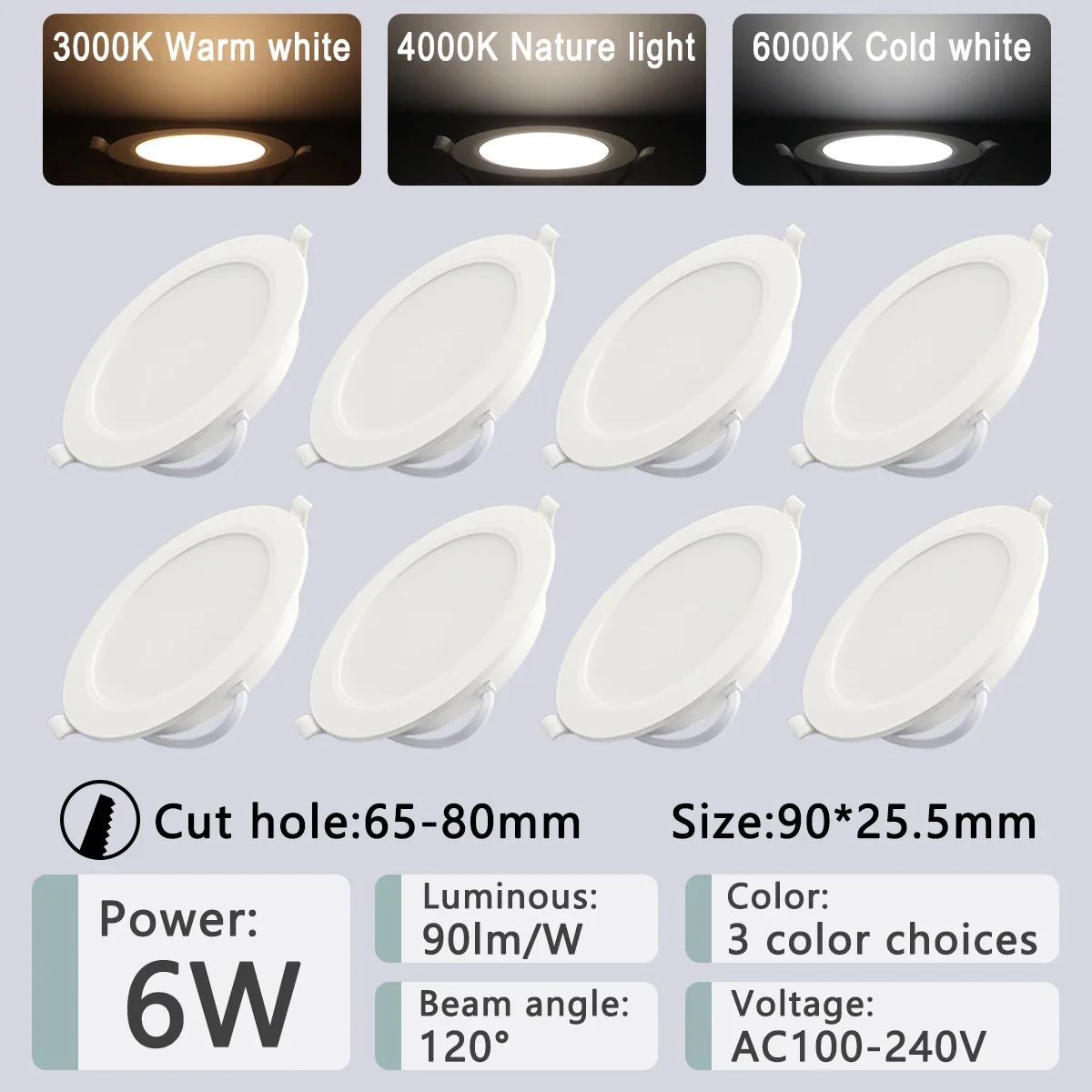 Gatetop 8er-Pack LED-Einbau-Downlight, 3, 4, 5, 6, 8 Zoll, 3000 K, 4000 K, 6000 K, runde LED-Panel-Leuchte, 110 V, 220 V, 230 V, für die Innenbeleuchtung zu Hause 6