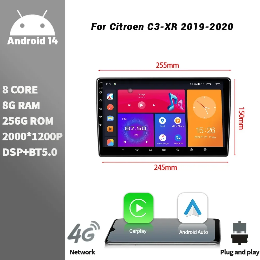 For Citroen C3-XR 2019-2020 Car Radio Multimedia Player Navigation Wireless CarPlay Touch Screen Android Bluetooth 2DIN