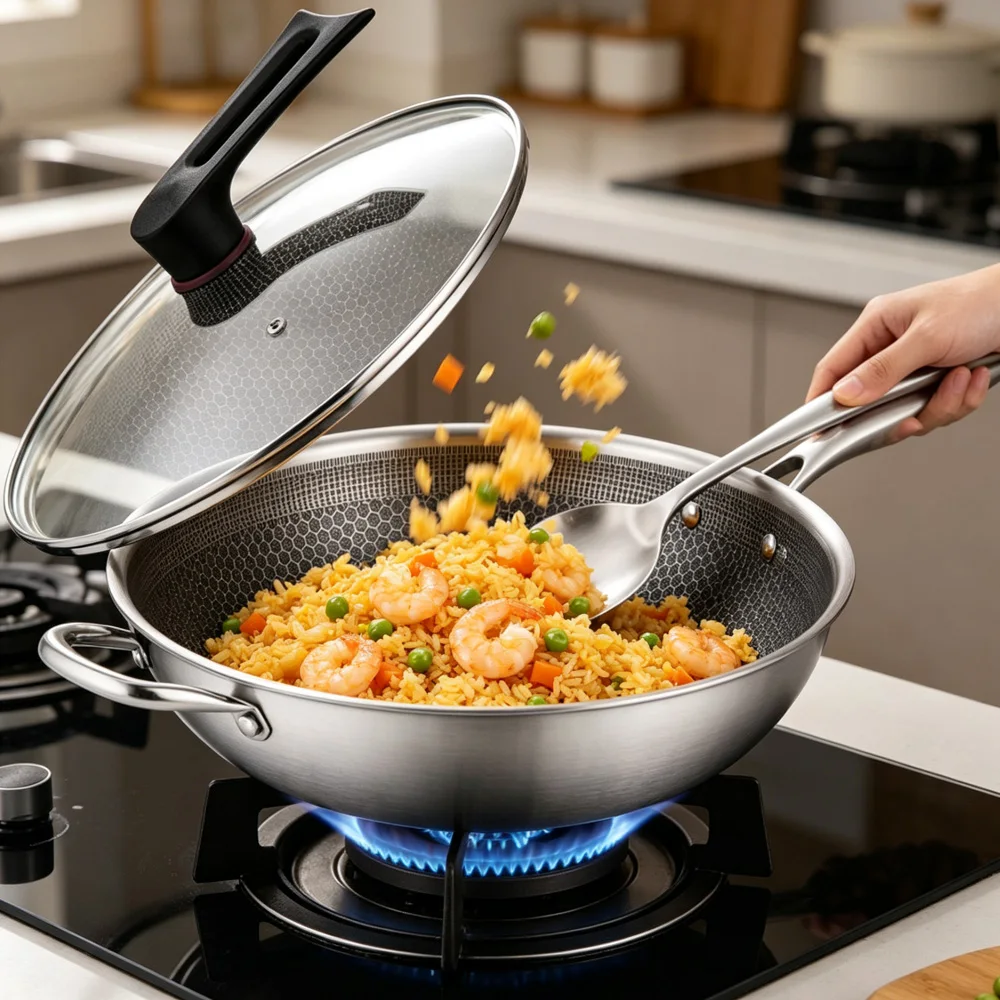32cm Stainless Steel Honeycomb Skillet with Lid, Physical Non-Stick Wok Pan, Metal Spatula Safe, Family Home Cooking Wok