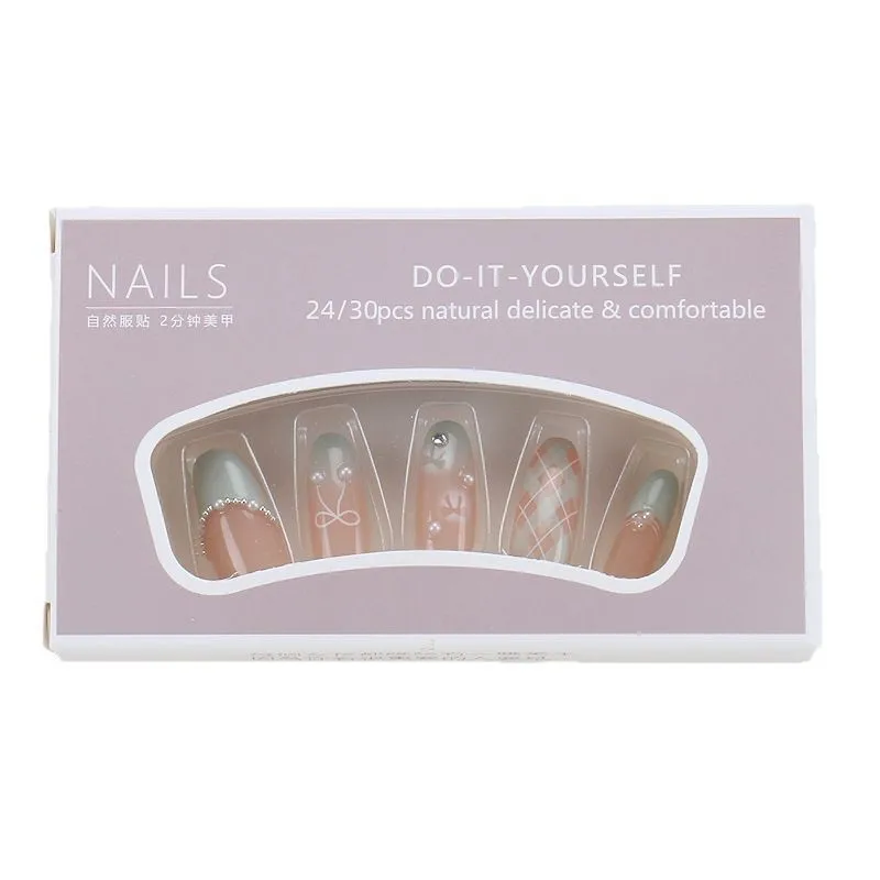 

Wearing nail advanced sense small fresh handmade nail piece French bead chain plaid sweet girl fake nail patch
