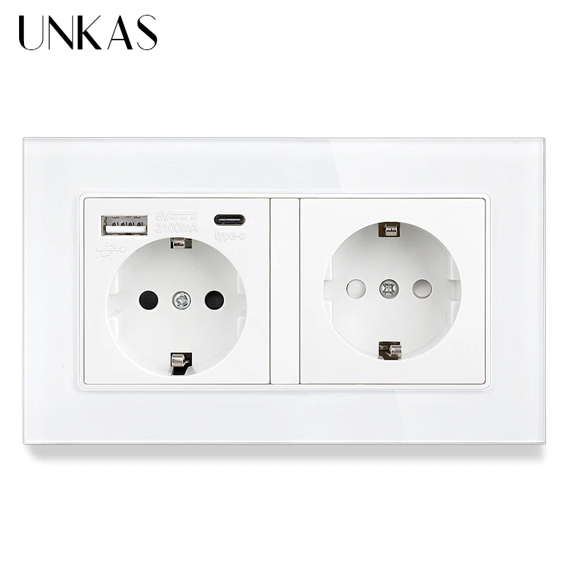 UNKAS White EU Socket Type C USB Port + TV RJ11 Telephone RJ45 Internet Computer Jack 146mm * 86mm Tempered Glass Panel Outl