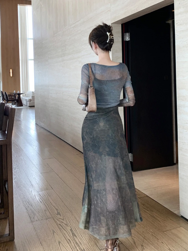 2025, neues Herbstkleid mit Premium-Print, künstlerisches Aquarell-Neckholder-Maxi-Kleid mit Schlitz, modisches Herrenhaus-Vintage-Kleid mit durchsichtigem zweiteiligem Set