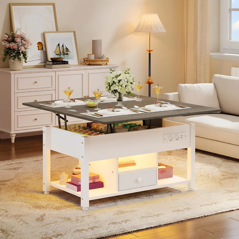 ITAHOME Mesa Centro Elevable LED RGB 4 en 1 Mesa Salón Compartimo Almacenamiento Oculto Mesa Cafe