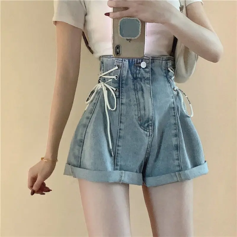Hot Girl krullende vastgebonden denim shorts voor dames nieuwe lichte kleur losse hoge taille afslankende wijde pijpen broek