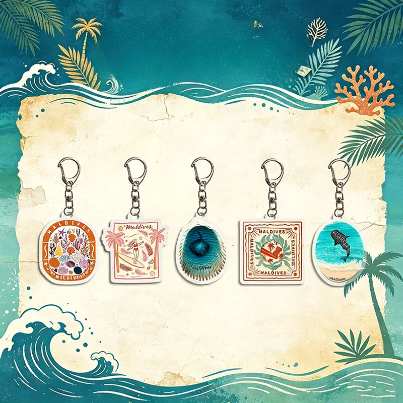 Maldives Travel Souvenir Keychain Creative Acrylic Key Ring with Ocean Whale Shark Beach Fashion Bag Pendant Charm Holiday Gift