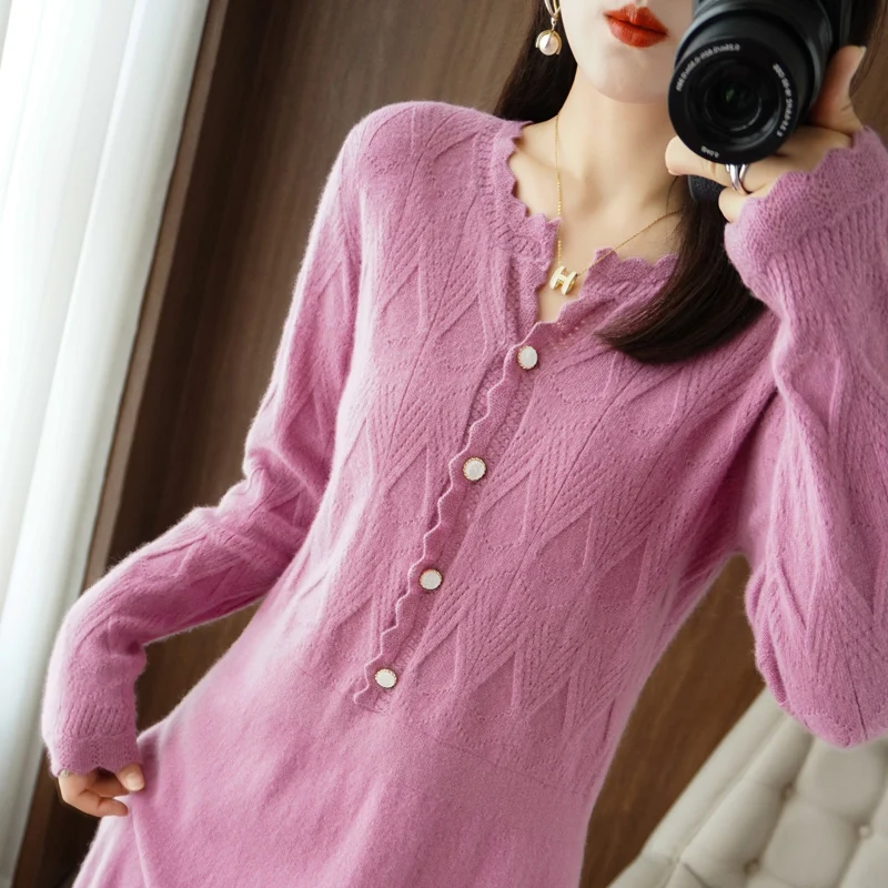 4 Colors New 2024 Simple and Elegant 100% Pure Wool Knit Dress Long Sleeve O Neck Ladies Cashmere Dress Pullover Long Sweater