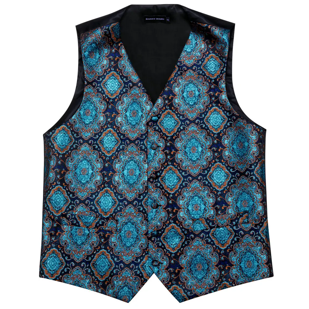 Blue Floral Silk Vest Waistcoat Men Suit Vest Silver Butterfly Handkerchief Cufflinks BowTie Vest Barry.Wang Business Design