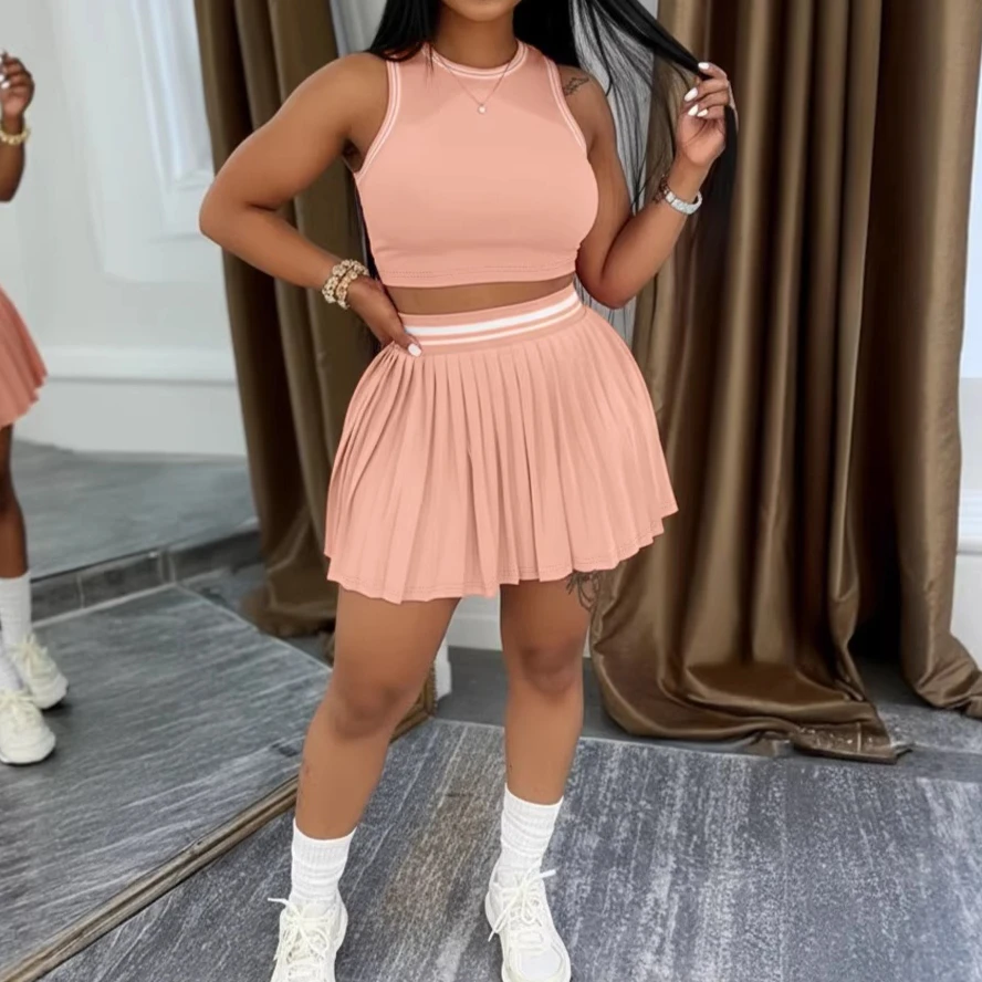 

Женский комплект из двух предметов: топ без рукавов с круглым вырезом и короткая юбка А-силуэта с высокой талией в стиле Y2K, уличный элегантный образ