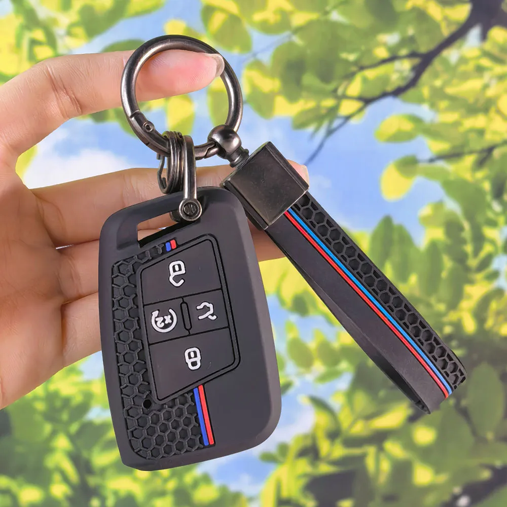 Comfort Grip Silicone Key Cover With Keychain For VW 2018 Atlas Tiguan Golf 7 Magotan 4 Button Honeycomb Racing Strip Shell