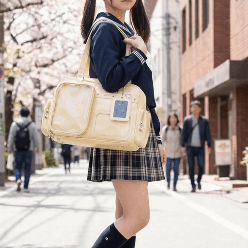 

PU Leather Japanese Crossbody Bag Multi-pocket Design Large Capacity Harajuku Shoulder Bag DIY Badge Display Simple