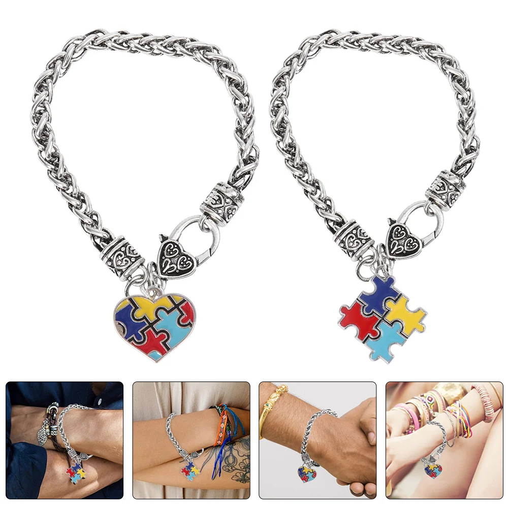 2 Pcs Heart Puzzle Bracelet Autism Awareness Decor Puzzles Hand Jigsaw Elasticity