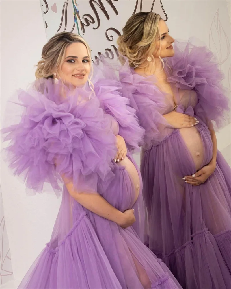 Vestido de maternidad púrpura para sesión de fotos para mujer, Mangas de tul hinchadas, talla grande, vestido de graduación para embarazadas, albornoz, ropa de dormir hecha a medida