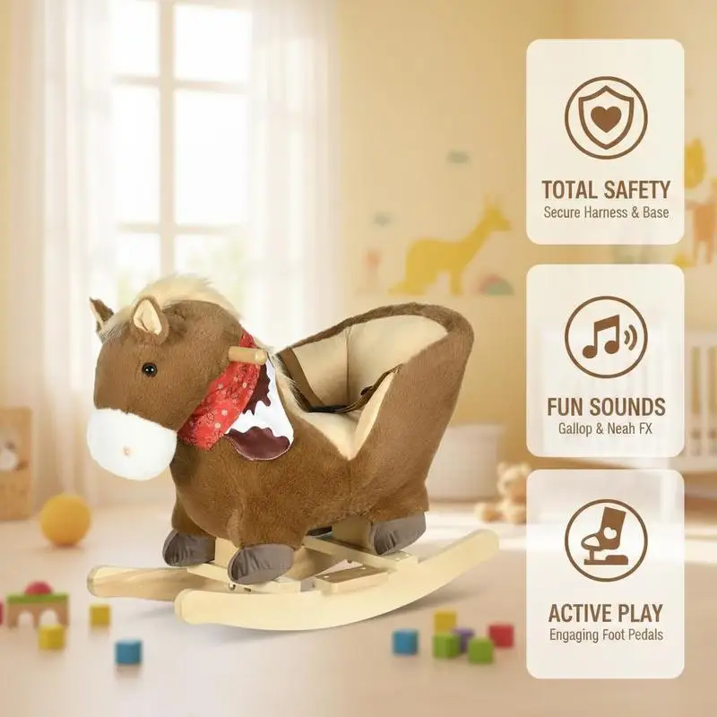 Rocking horse, rocking animal, integrated seat, safety belt, sound function, neighing, 18-36 months, brown view 4