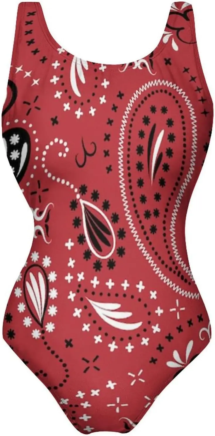 ملابس سباحة نسائية من قطعة واحدة من Luxy Trio باللونين الأحمر والأسود بيزلي، ملابس سباحة للتدريب الرياضي