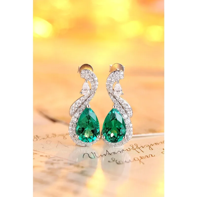 Ruihe New Design 925 Silver Pear Shape A Pair 5.94ct Lab Grown Emerald Gemstone Ladies Fashion Jewelry Earring Wedding Gift