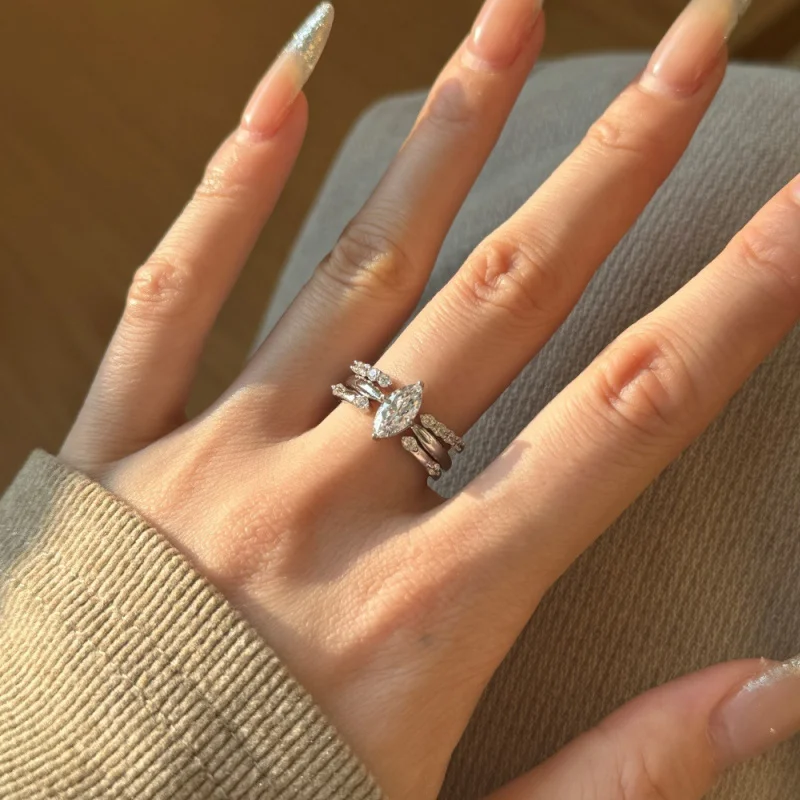 S925Sterling silver gold-plated ring for women, marquise cut three-piece combination ring, moissanite stackable classic wedding
