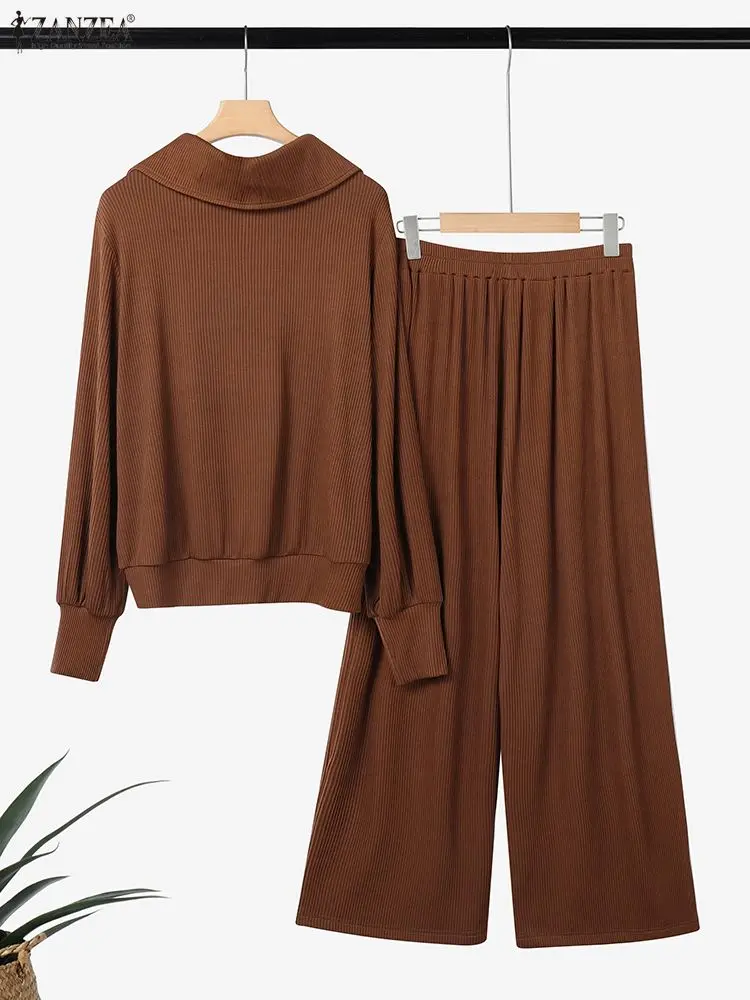2025 ZANZEA Winter Gestrickte 2-teilige Sets Frauen Langarm Rippen Sweatshirt Hosen Sets Stilvolle Herbst Trainingsanzug Casual Outfits