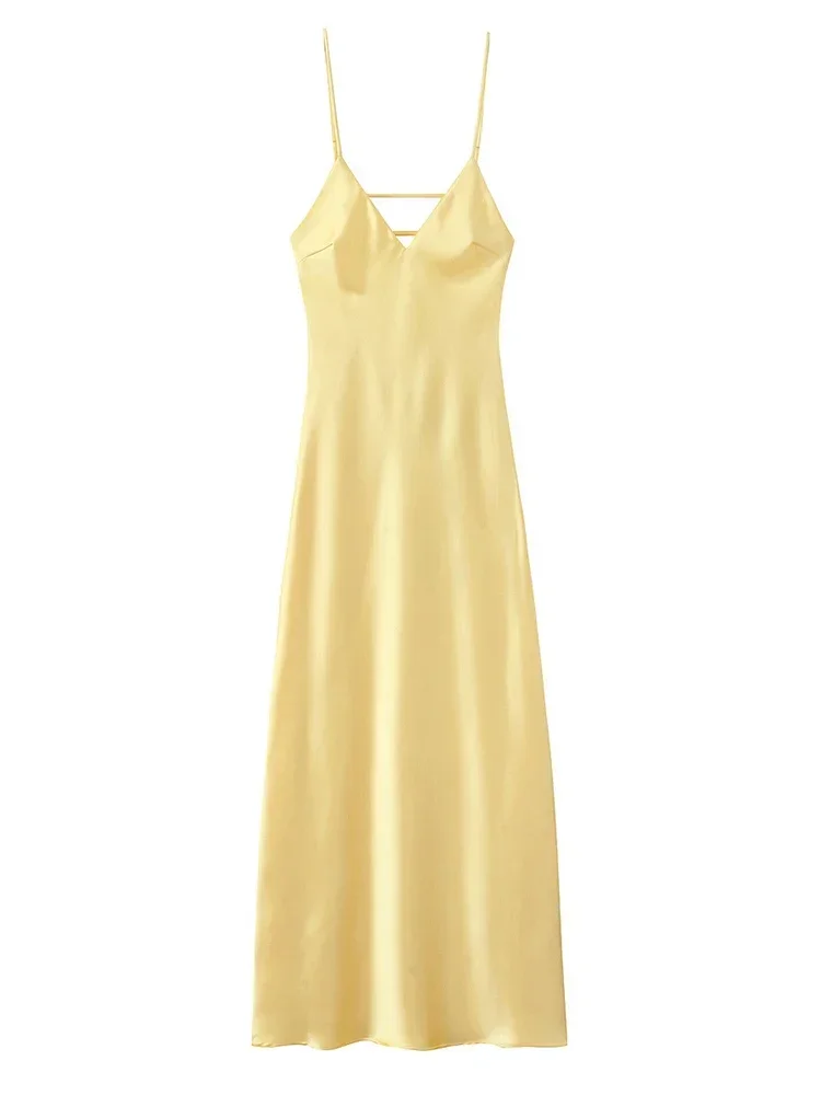 Amarelo elegante mancha feminino estilingue vestido sexy sem costas sem mangas com decote em v cintura alta vestido de noite verão chique senhora partywear 2025