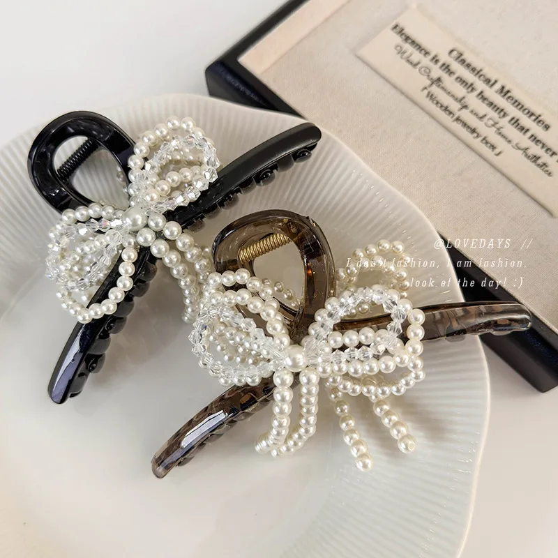 

Elegant Pearl And Crystal Bow Hair Claw Clips For Women Back Of Head Bun New Stylish Updo Accessory Daily Party Office Wear