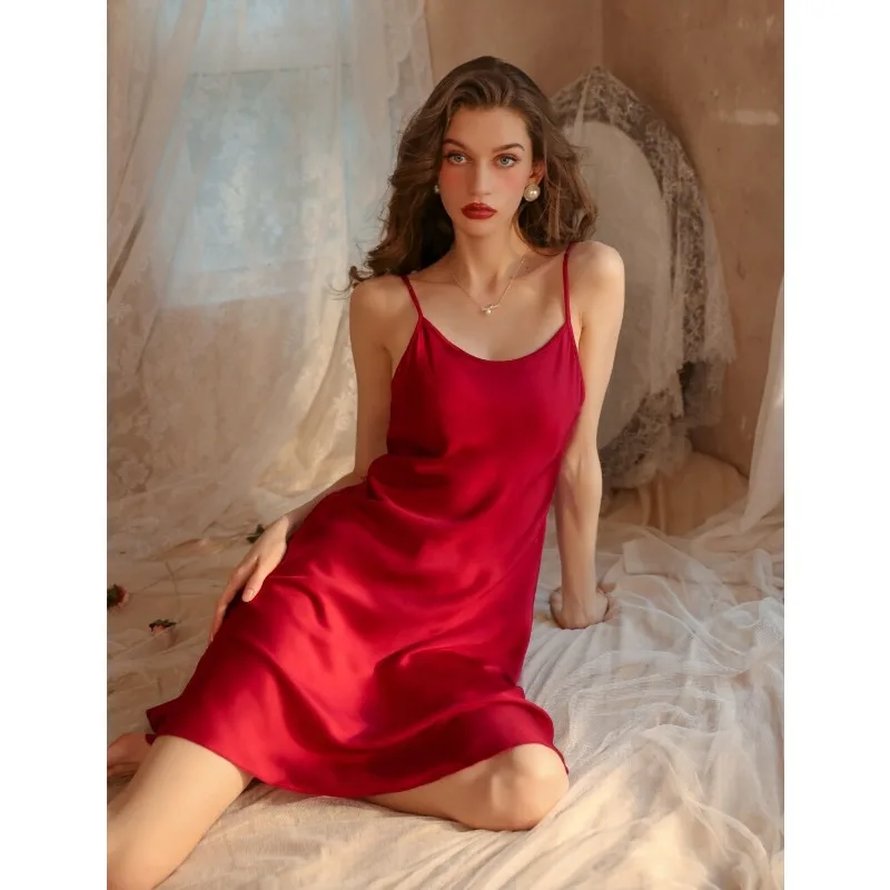 New Spring Summer Women Sexy Solid Satin Camisole Sleep Dress Ice Silk Thin Lingerie Pajamas Silk Like Homewear Slip Nightgown