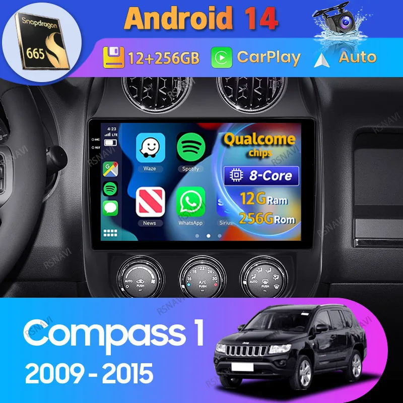 Android 14 Car Radio GPS For Jeep Compass 1 MK 2009 - 2015 Carplay Auto Multimedia Video 2 Din Navigation Stereo Player WIFI+4G