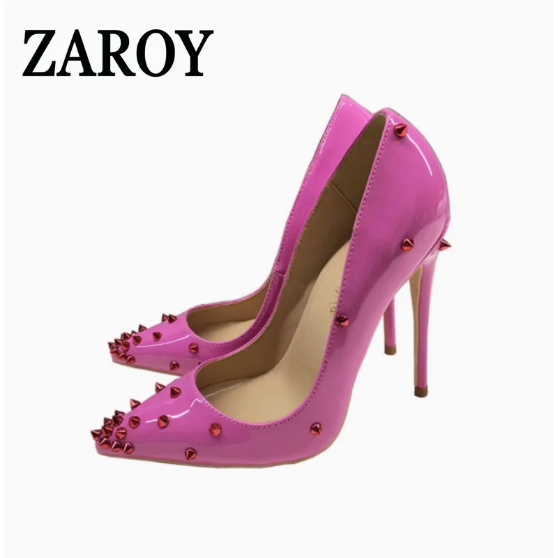 Liquidación de Outlet: Zapatos de Tacón Alto Rosa para Mujer, Última Moda, con Remaches, Tacón de Aguja de 12 cm, Punta Puntiaguda, para Fiestas y Banquetes