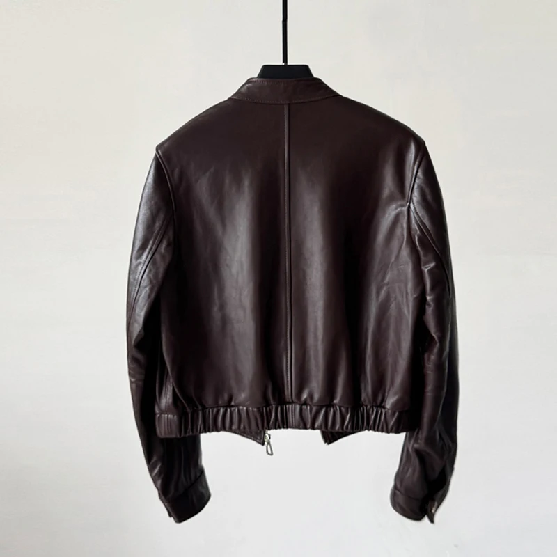 Giacca da motociclista e motociclista in pelle cerata retrò per donna Colletto alla coreana casual Cerniera Giacche da donna in vera pelle di pecora sottile a maniche lunghe