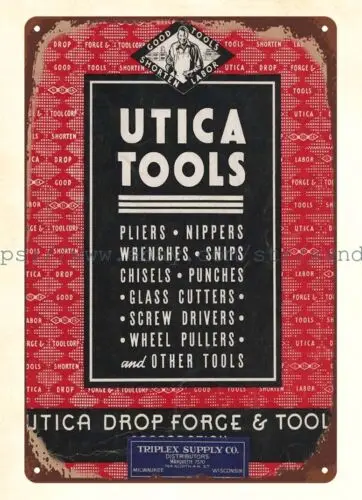 1939 Utica tools tradesmen carpenter plumber metal tin sign house wall decor sign