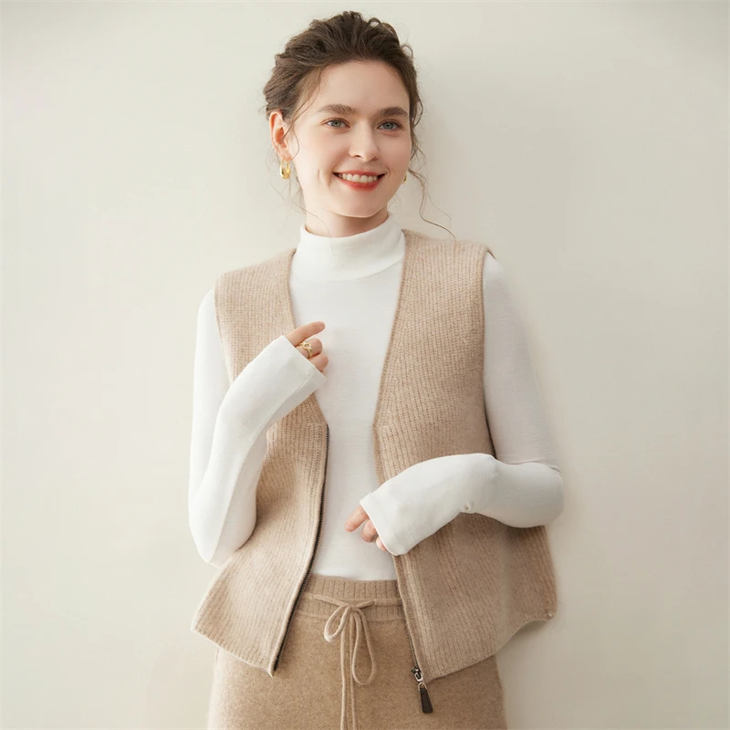 جديد شيك المرأة الخامس الرقبة سستة صدرية 100% سترة الكشمير المعنقة الخريف الشتاء أكمام سترة بسيطة الكشمير تريكو سترة
