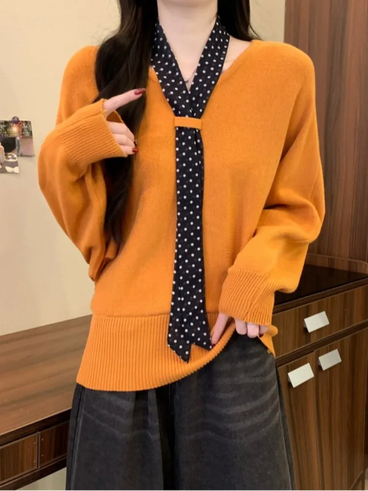

Korean Sle Long Sve V-Ne Polka Dot Knitted Sweater Women's Waist-Cinching Faion Top Winter Casual Wear Soft Material