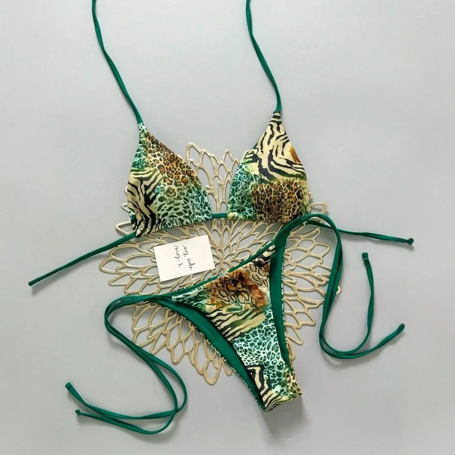 2026 New Women 2‑Piece Animal Print Bikini Set Halter Triangle Top Side Tie Bottom Leopard Zebra Beach Swimwear Bathing Suit