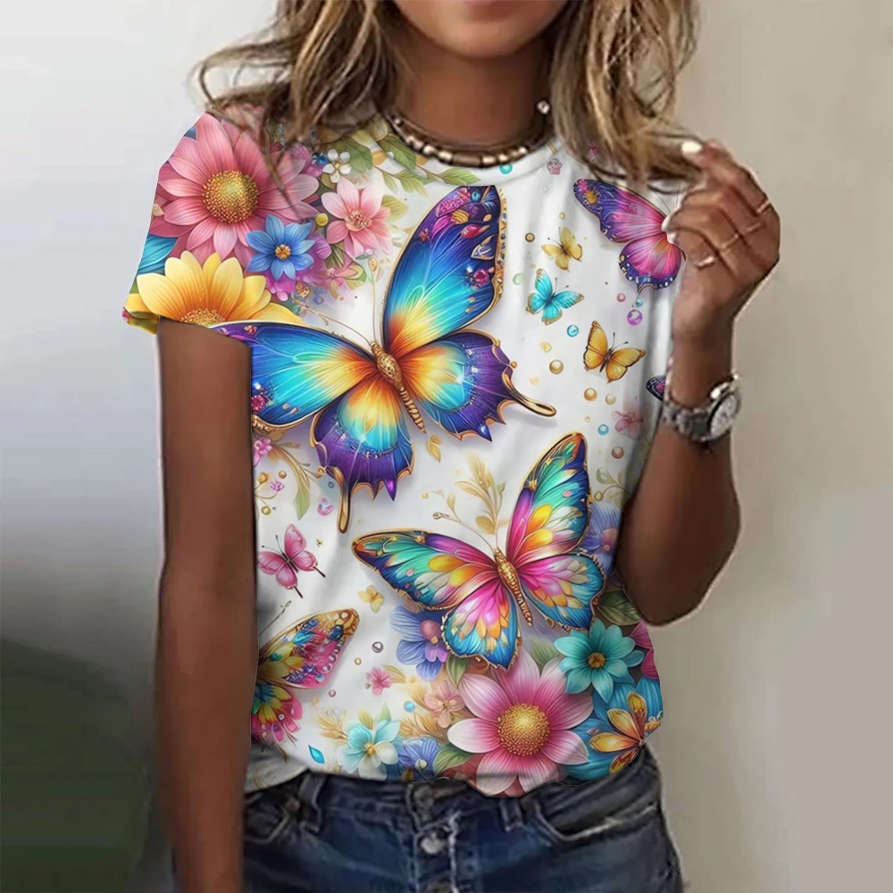 2024 Fashion Woman T Shirt 3d Butterfly Print Crew Neck Short Sleeve Tee Luxury Female T-Shirts Oversized Y2k Clothing For Girls