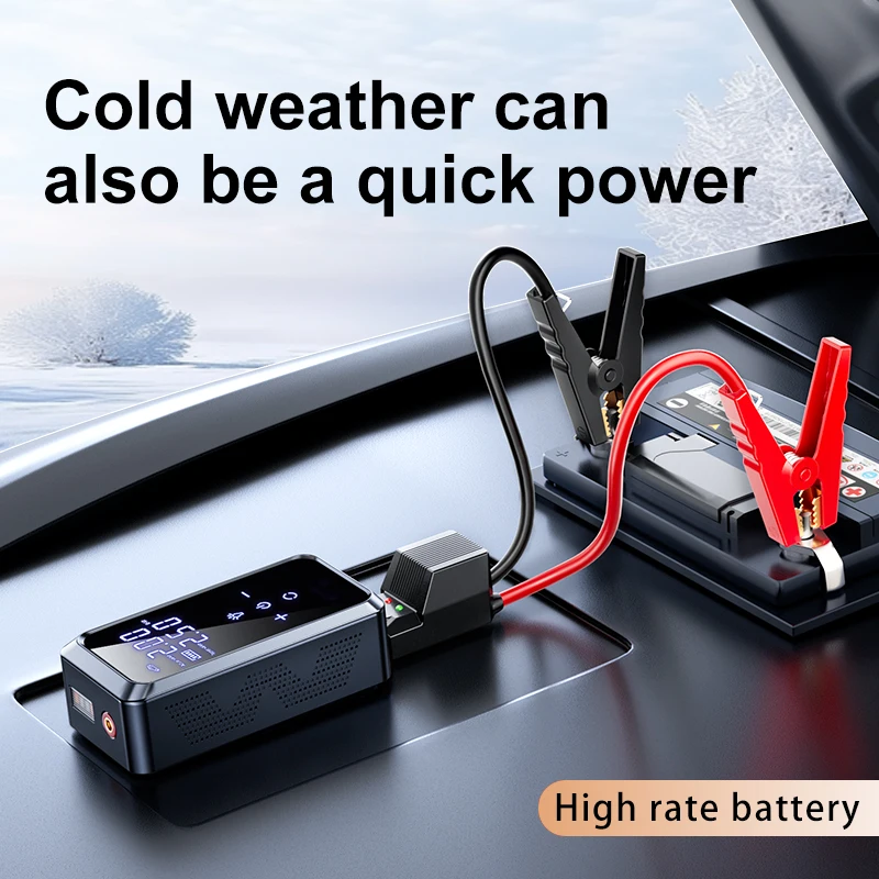 Full Touch Screen 8000mAh Emergency Jump Starter Portable Handle 12V Gasoli ne Die sel Car Tire Inflator Lithium Battery Booster