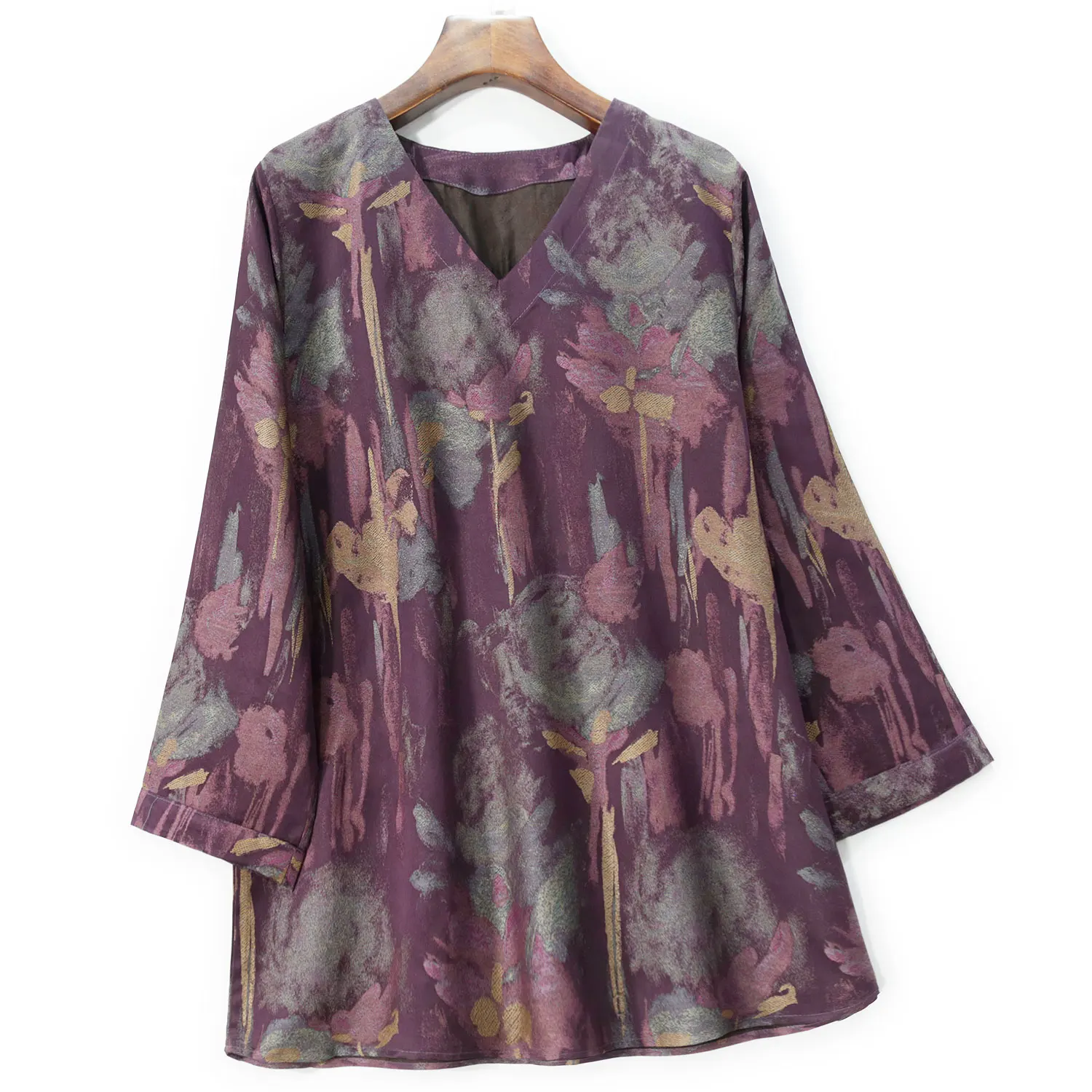 Winsleter- 38MM Silk Song Brocade Elegant T-shirt, Woman 3/4 Sleeve Print, Loose Vintage Luxurious Top, 2025 Spring New T4D710CC