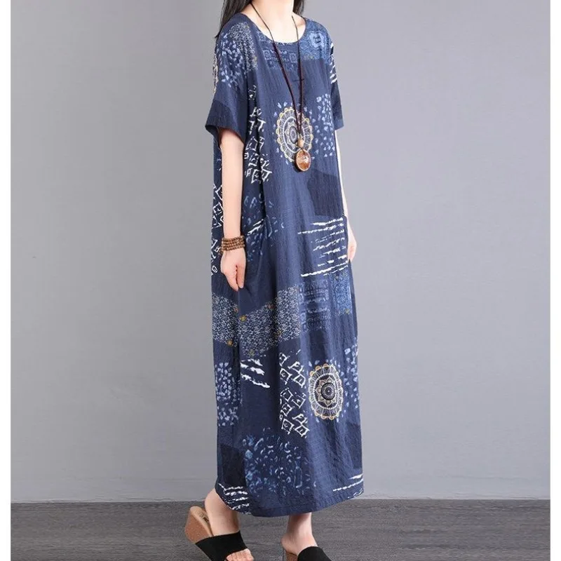 Simplicity Versatile Summer Cotton Hemp Women's Round Neck Printing Pocket Fashion Casual Loose Short Sleeve Mid-length Dresses