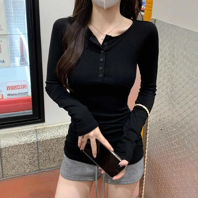 New Student Spring Autumn Button-Fitted Long Sleeve T-Shirt Women Girls Slim-Fit Lady Casual Base Shirt Ladies Slim-Fit Base Top