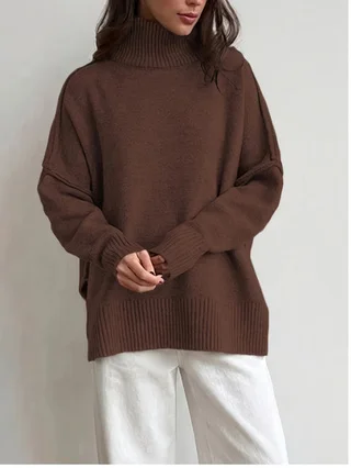 Women's High Neck Sweater Solid Color Long Sleeved Knitted Pullover Loose Casual Warm Autumn and Winter Women's Knitted Top
