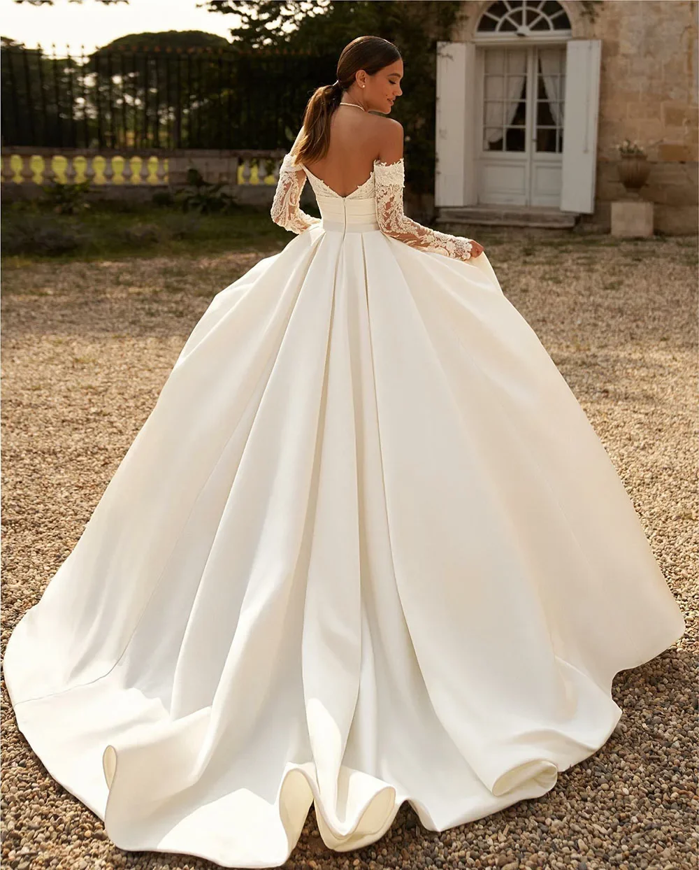 Customize Elegant Off-Shoulder  Wedding Dress Women Lace Long Sleeve Pockets A-Line Bridal Dress Plus Size Wedding Gown