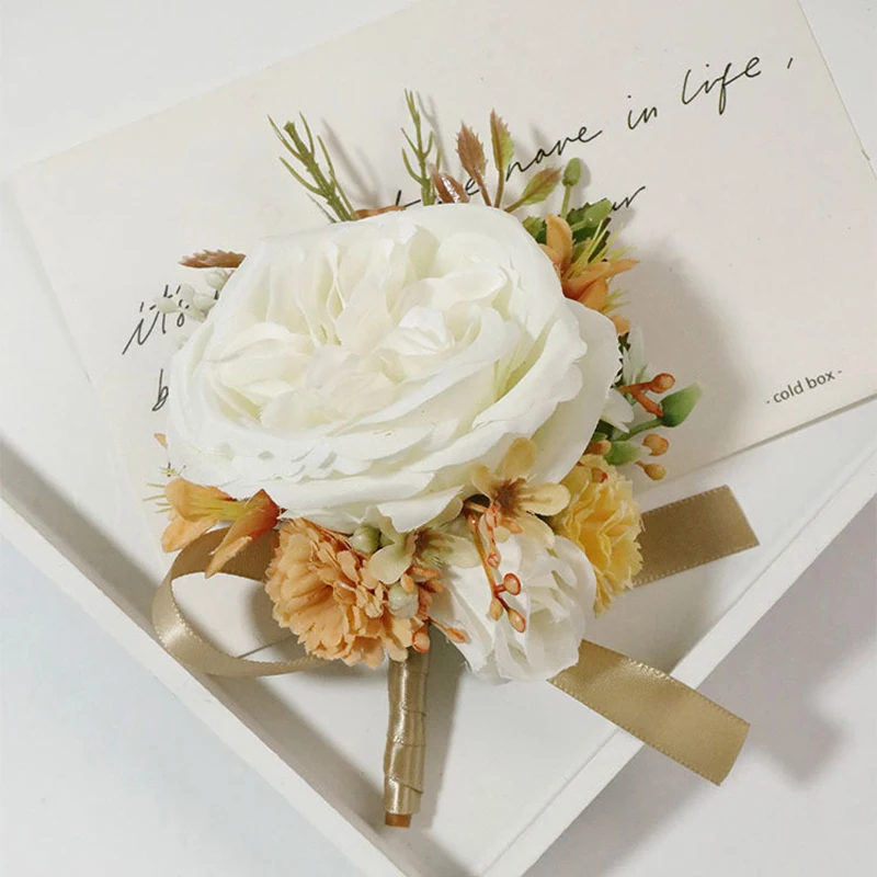 Oranje Coffe Kleur Huwelijk Boutonniere Corsages Handgemaakte Kunstmatige Bruidsmeisje Bruidegom Bruiloft Accessoires Bloemenspelden