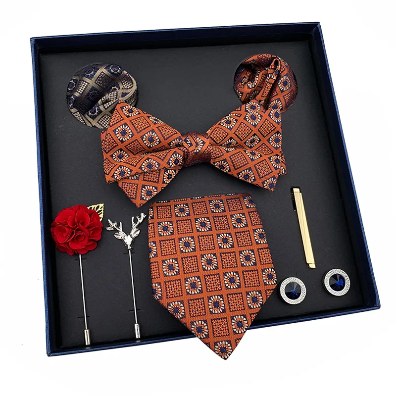 Pocket Square Neck Tie Cufflinks Clip Brooch Set for Men Business Wedding Party Gift Box Man Necktie Scarf Bow Tie Handkerchief