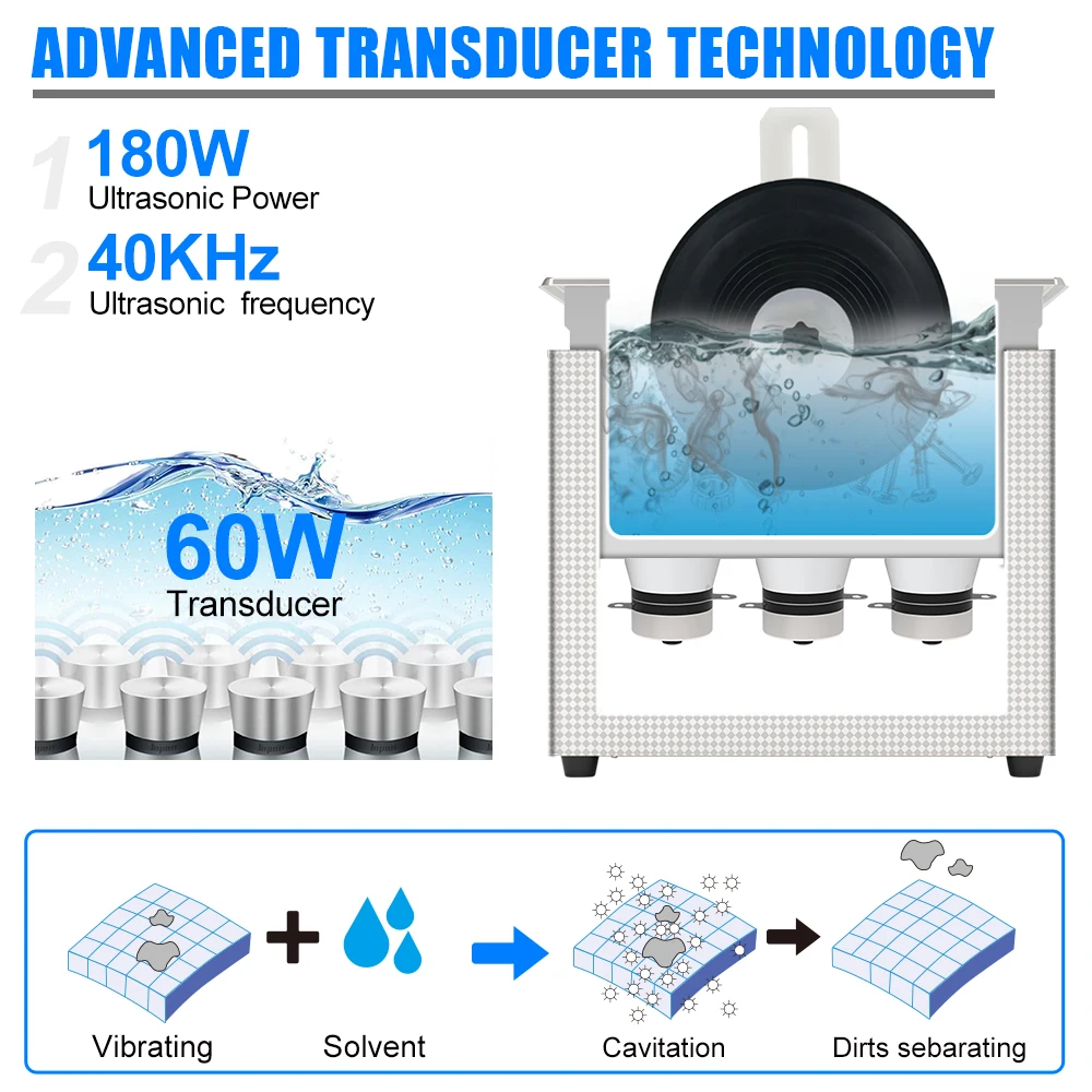 Professional Ultrasonic Cleaner Vinyl Records Lp Washer Bath 6.5L 180W Timer&Heater with Motor Bracket Tools