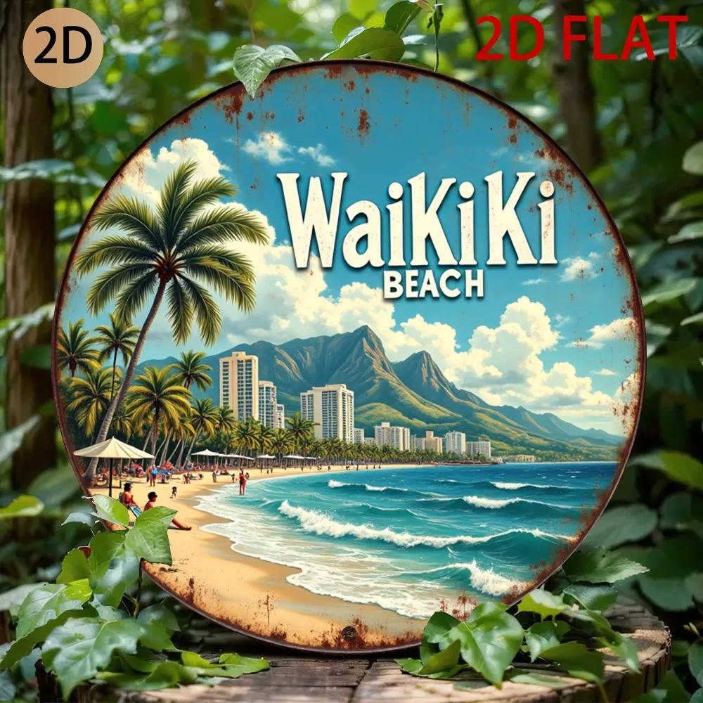 Waikiki Beach Metal Sign, Retro 2D Round Wall Art for Home Bar Decor, Tropical Coastal Vacation Rental Decor