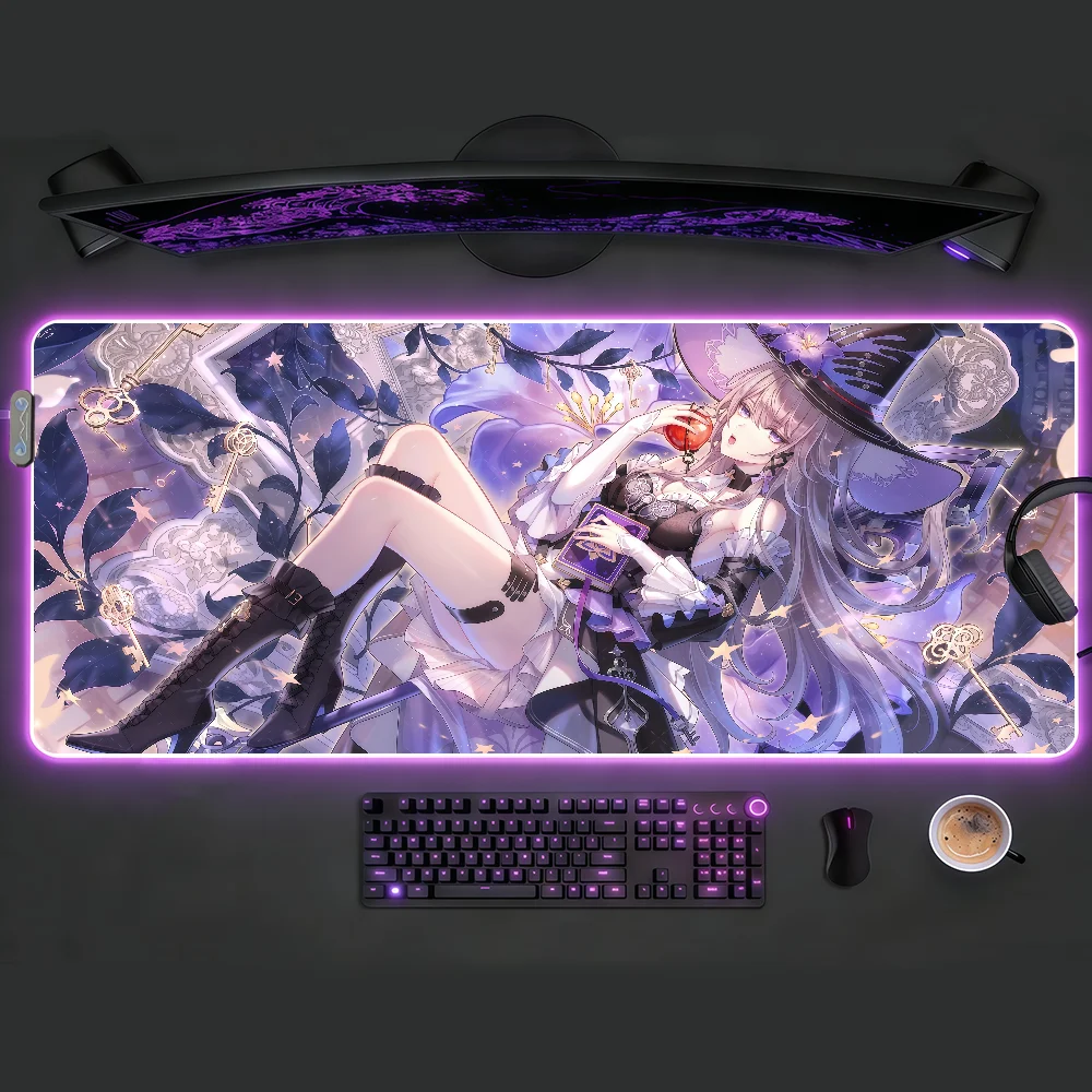 

Gaming Mouse Pad, RGB LED Desk Mat, Large Anti-slip Stitched Edges, Cute Purple Witch Anime Girl Mat for PC Gamers